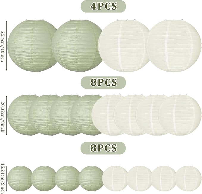 20Pcs Paper Lanterns, Sage Green and Ivory Hanging Lantern - Image 3