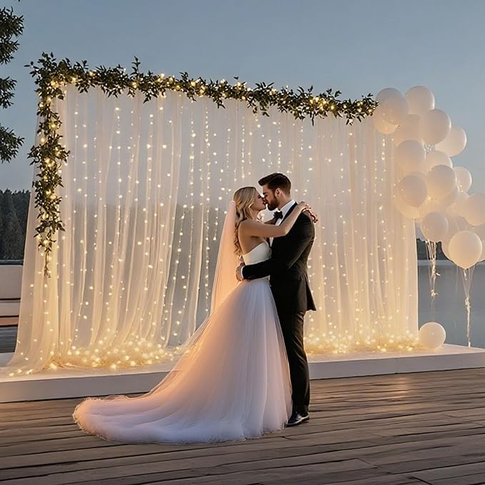 10×8ft Tulle Backdrop Curtains with Lights String - 300LED Fairy Lights Sheer Curtain Backdrop for Weddings Baby Shower and Birthday Party Decorations(8 Panels 5×8ft)