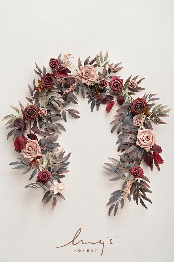 Ling's moment 5FT Burgundy Artificial Flower Garland Maroon Rose Floral Garland Arch Flowers Vine for Wedding Party Backdrop Decor Home Mantel Table Centerpieces Decorations Dusty Rose