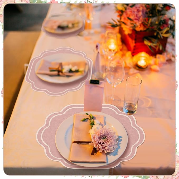 6 Pcs Pink Wedding Placemats Scalloped Embroidered Cotton Linen Placemats 17" x - Image 3