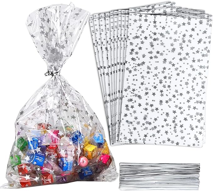 100 Pcs Star Printed 5"X 11" Gift Wrap Cello Cellophane Treat Bags Plastic Poly by COQOFA