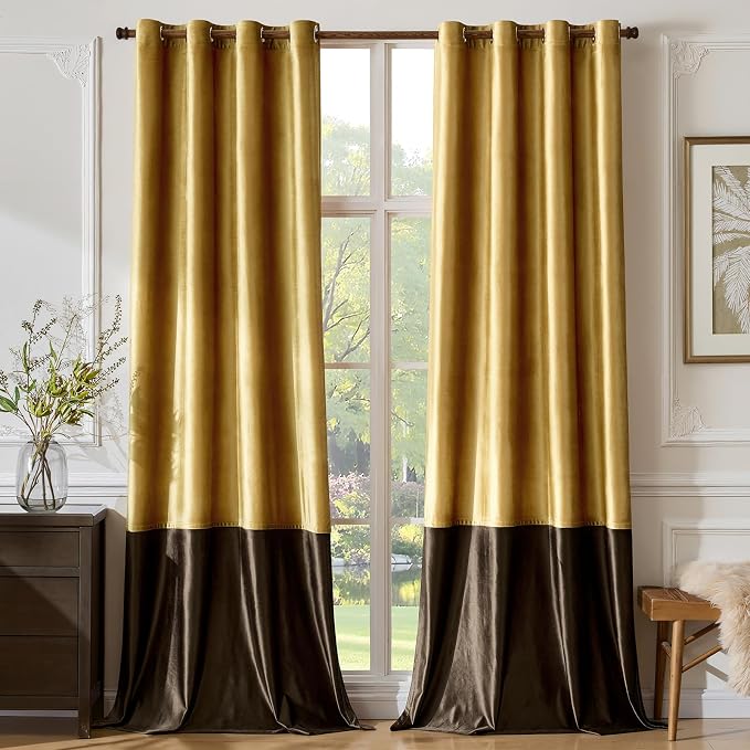 Gold Brown Velvet Blackout Curtains Luxury Decor 63 inches, Color Block | - Image 6