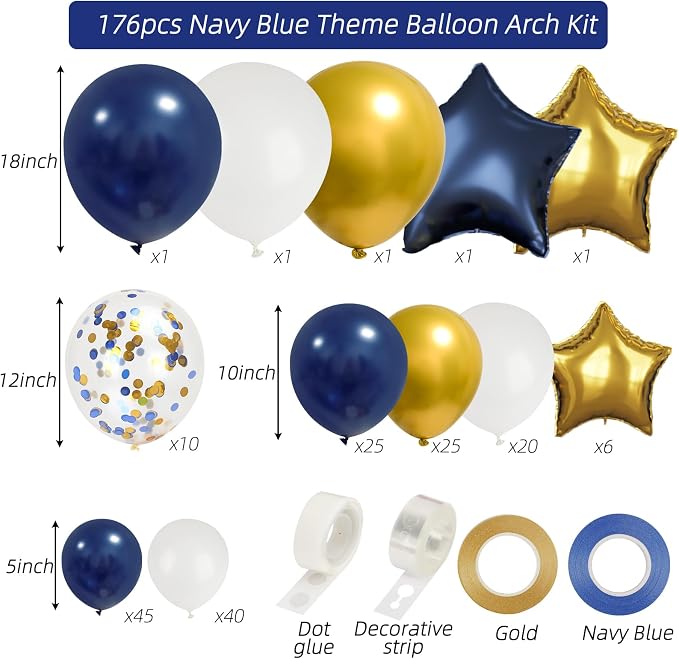 RUBFAC 176pcs Navy Blue Gold Balloons Arch Kit - Image 2
