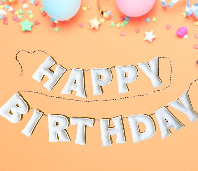 Pre-Strung 3D Felt White Happy Birthday Banner, Happy Birthday Sign by Unknown