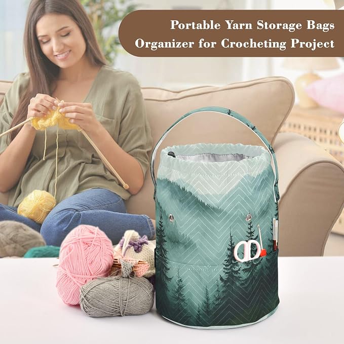 Green Mountains and Pine Trees 3500 Yarn Bag Small Crochet Bag Drawstring Yarn - Image 4