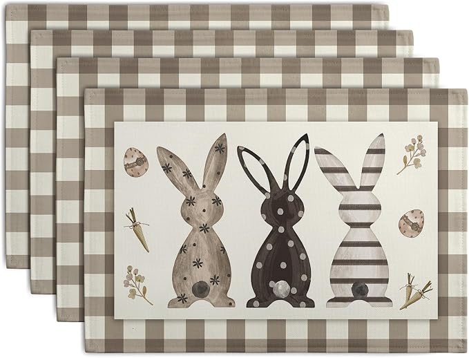 Easter Bunny Buffalo Plaid Placemats Set of 4 Rabbit Spring Egg Dining Table by Wnoesat