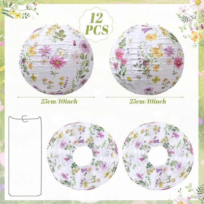 Honoson 12 Pcs Wildflower Paper Lanterns Spring Floral Watercolor Wildflower - Image 2