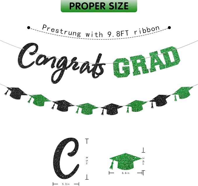 Prestrung Congrats Grad Banner Green and Black Graduation Banner - Image 4