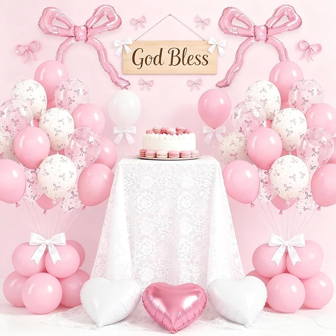 Pink Bow Balloons, Light Pastel Pink White Bow Print Balloons - Image 7