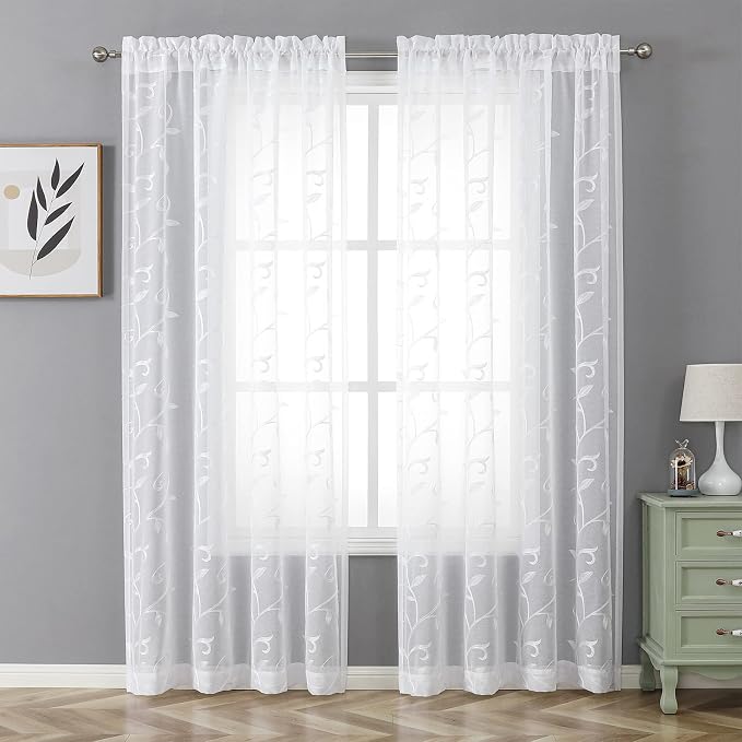 White Sheer Curtains Embroidered Leaves 2 Panels 54Wx72L | Light Filtering - Image 2