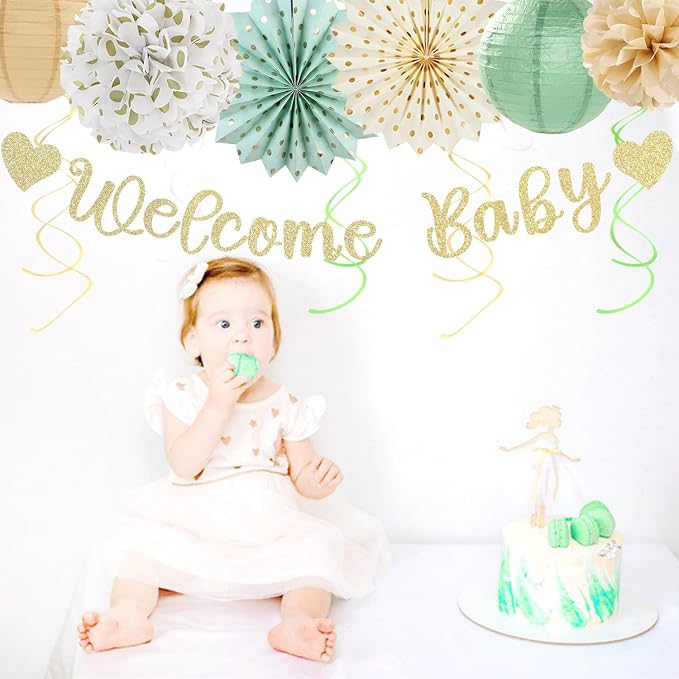 Sage-Green Champagne-Beige Baby Shower Party-Decorations - Image 4
