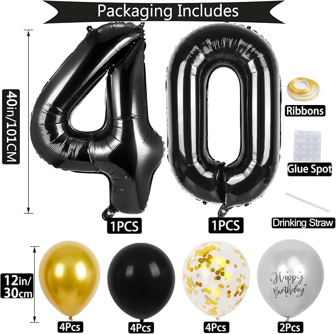 40th Birthday Decorations for Men Women, 40 inch 40 Balloon Numbers - Image 2