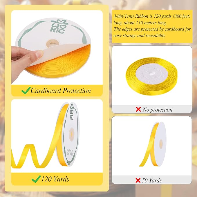 woric 120 Yards Yellow Satin Ribbon 3/8 Inch Ribbon - Image 3