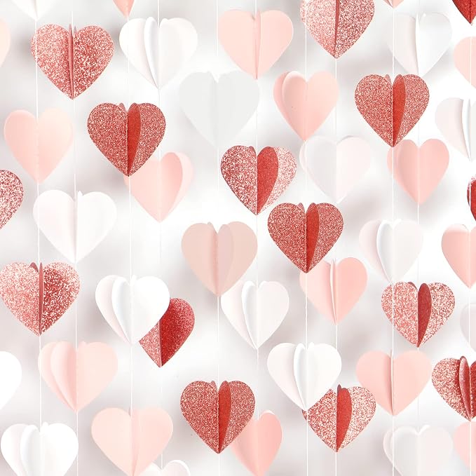 Rose-Gold Pink White Galentines-Decorations Heart Garland - 39Ft 3D Valentines by OURUOLA