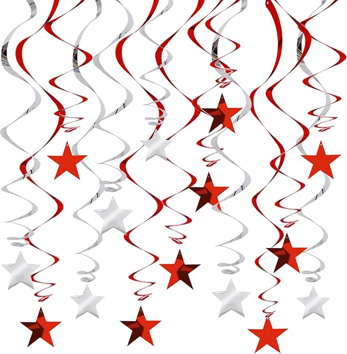 BEISHIDA Red Silver Stars Hanging Swirls Graduation Hanging Ornament Decorations by Beishida