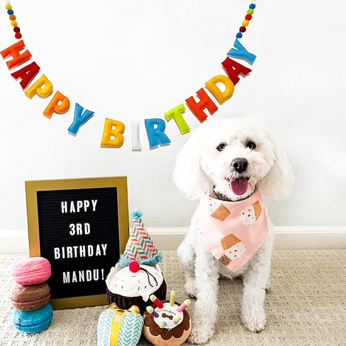 Pre-Strung Reusable 3D Happy Birthday Banner Sign, Rainbow Felt Ball Garland | - Image 6