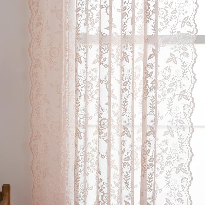 FINECITY Blush Sheer Lace Curtains Rustic Leaf Floral 52 x 96 Inch 2 Panels | - Image 6