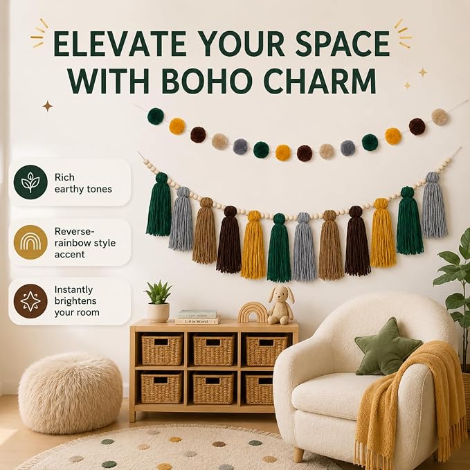 Syhood 3 Pcs 79" 2 Pom Pom Garland Wall Decor and 36" 1 Boho Tassel Garland - Image 7