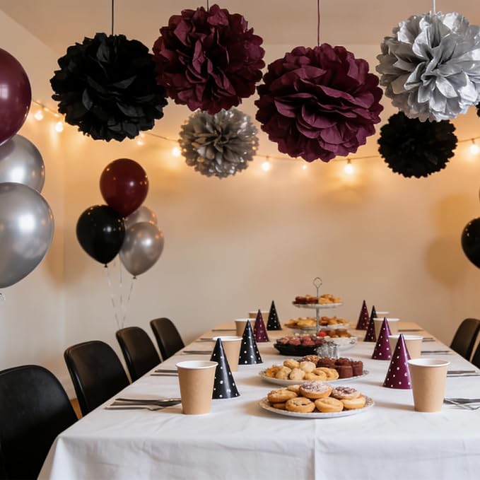 Black Burgundy and Silver Paper Pom Poms - Image 4