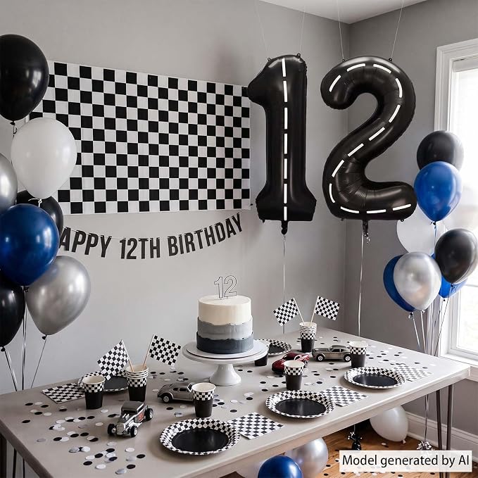 Black and White Stripes Number 12 Balloon 40 Inch, Foil Road Numeral | - Image 7