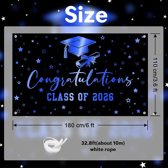 Congratulations Graduation Banner Class of 2026 Backdrop Black Blue Congrats - Image 3
