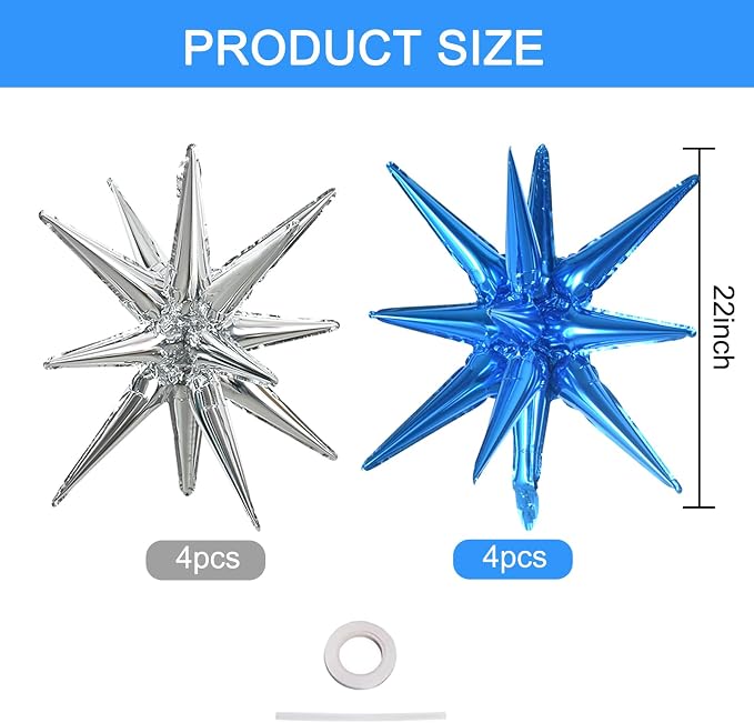 TONIFUL 8 Pcs Blue and Silver Explosion Star Foil Balloon Party Decoration | 22 - Image 2