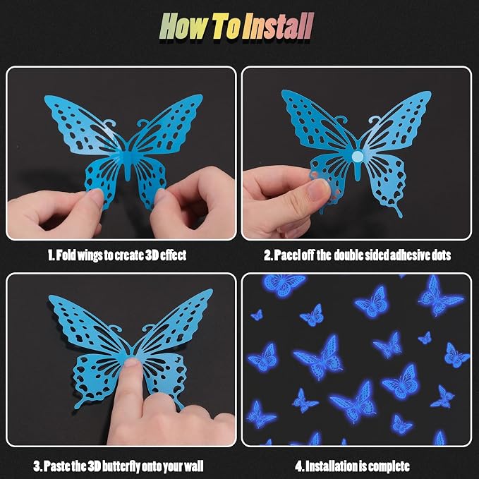SAOROPEB Glow in The Dark 3D Butterfly 24 Pcs Blue Butterfly Stickers | 3 Sizes - Image 8