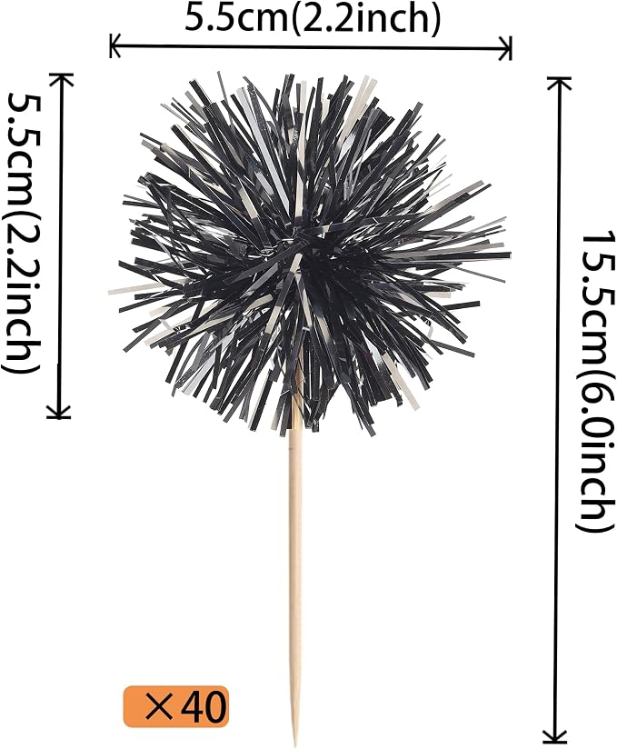 40 PCS Black Foil Firework Cupcake Toppers Sparkle Tinsel Cupcakae Picks - Image 2