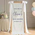 Custom Blue Striped Baby Shower Fabric Sign Hello Baby Linen Backdrop | by Unknown