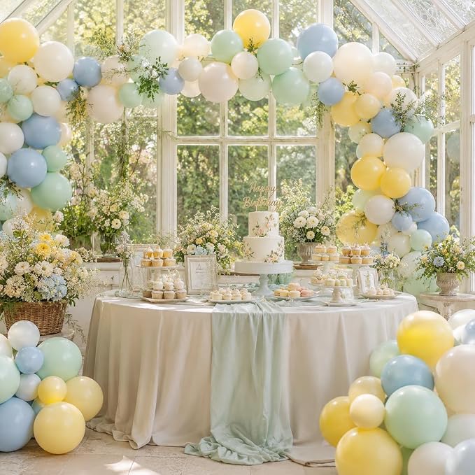 Pastel Green Blue Yellow Balloon Arch Kit, Ivory White Balloons - Image 5