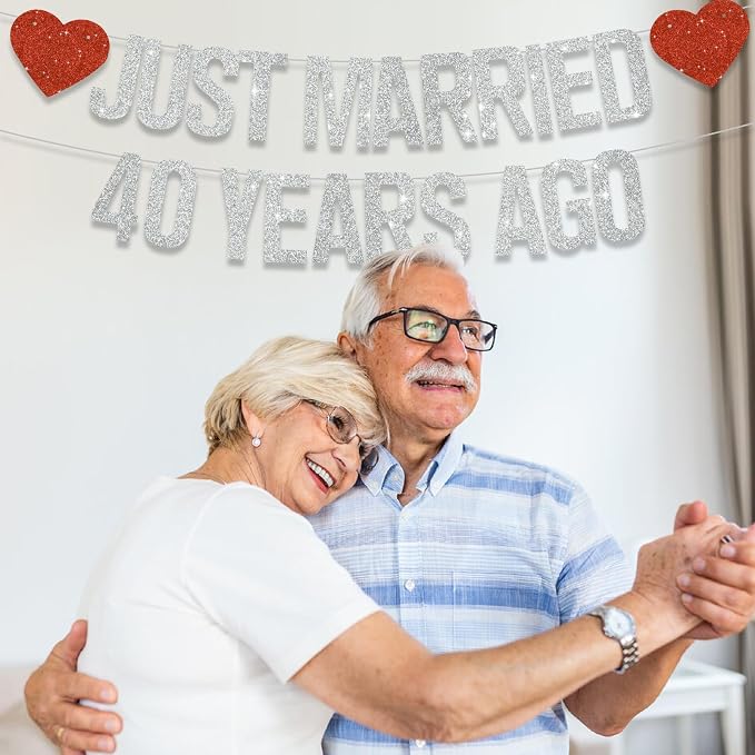 Silver Glitter Just Married 40 Years Ago Banner, NO DIY, Pre-Strung 40th - Image 4