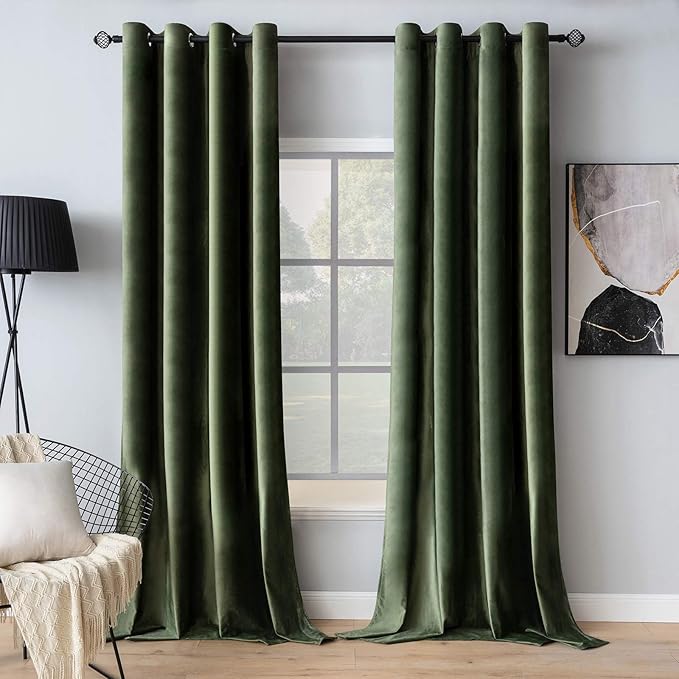 MIULEE Velvet Curtains Olive Green 52 x 92 Inch Length Set of 2 | Grommet Drapes by MIULEE