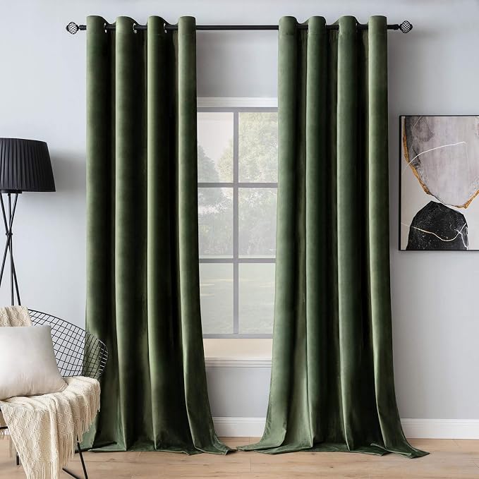 MIULEE Velvet Curtains Olive Green 52 x 94 Inch Length Set of 2 | Grommet Drapes by MIULEE