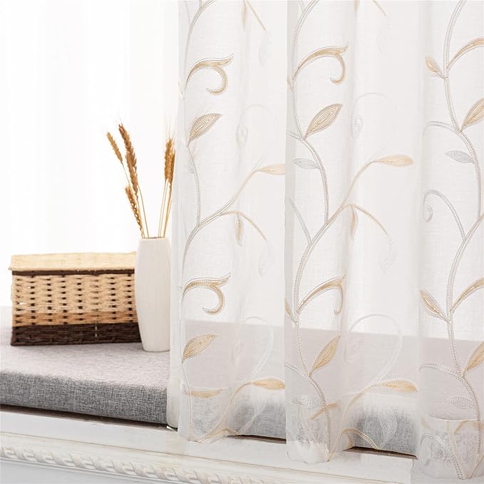White Sheer Curtains Beige Embroidered Leaves 2 Panels 54Wx72L | Light by VISIONTEX