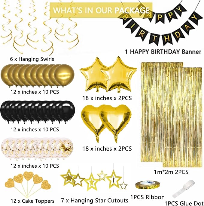 Black Gold Birthday Decorations, Hanging Swirls, Cake Toppers - Image 2