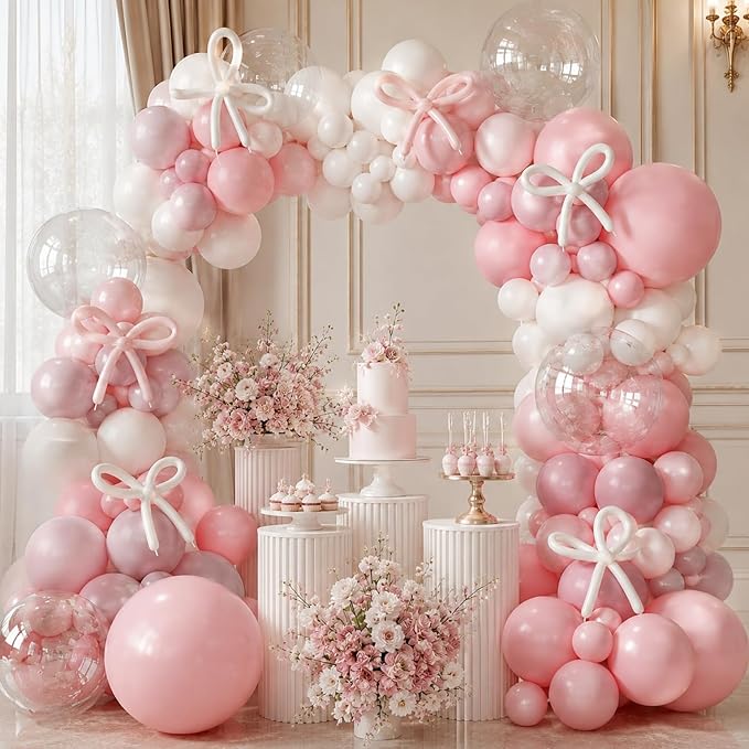 Pastel Pink and White Coquette Balloons Arch, Long Balloon as Bow Decor by Jobkoo