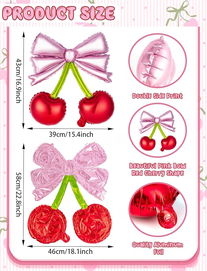5Pcs Pink Bow Red Cherry Foil Balloons | - Image 2