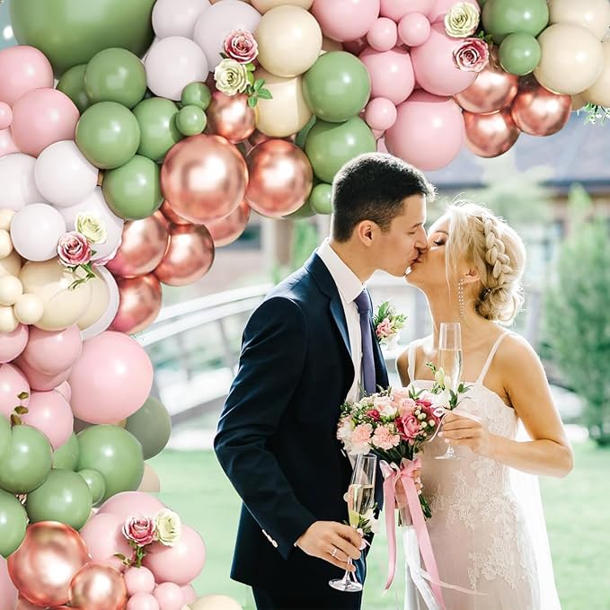 Sage Green Pink Balloon Arch Kit, Sand White, Rose Gold, Different Size | Latex - Image 4