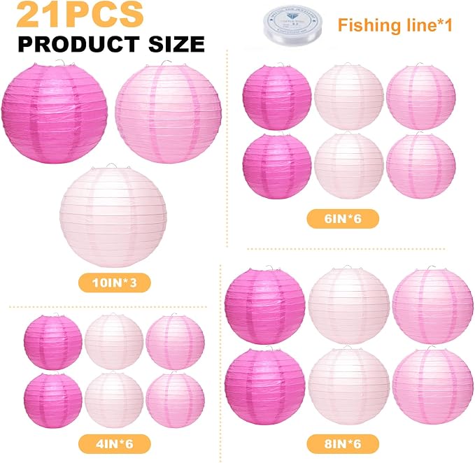 21Pcs Pink Paper Lanterns, 4-10in Hanging Decor, Valentine's Day Party | Pink - Image 2