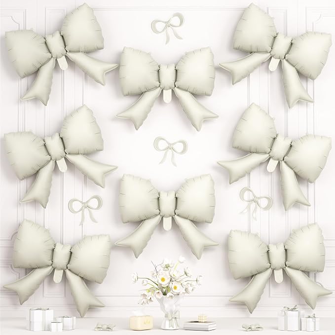 8Pcs White Bow Foil Balloons, 21Inch Cream White Bow Shaped Balloons by Hapmori