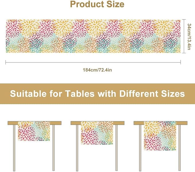 Abstract Flowers Table Runner, Chrysanthemum Dahlia Vintage Modern Colorful Spring Summer Elegant Table Runner for Party Kitchen Dining Living Room Laundry Room Decor, 13x70 Inch