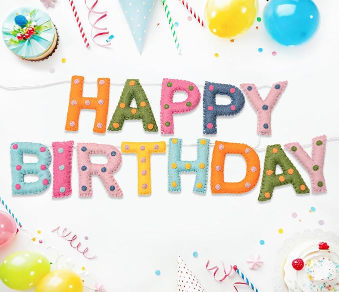 Pre-Strung Unique Handmade Wool Felt Colorful Happy Birthday Banner Garland | - Image 5