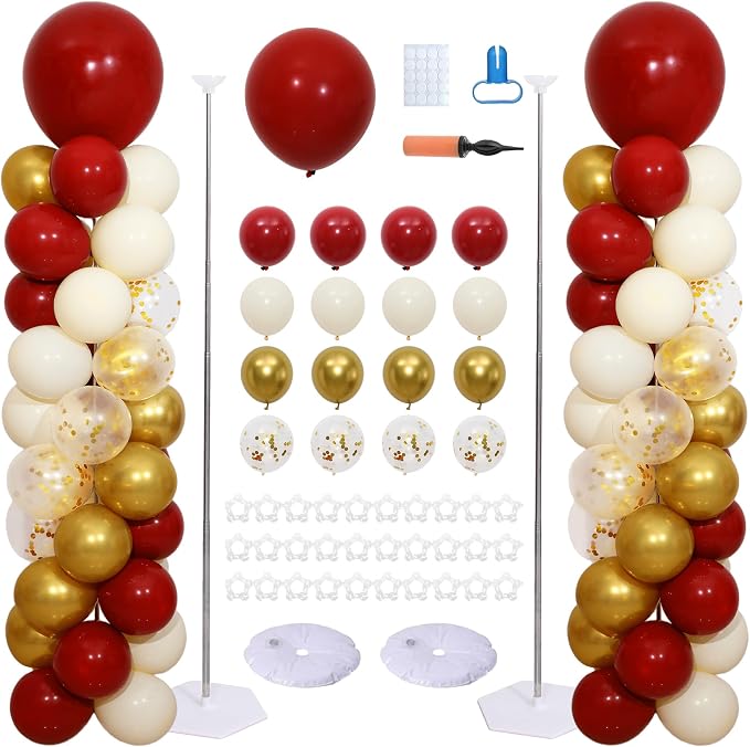 Burgundy Gold White Balloon Column Stand Kit of 2 | 102 Pcs Maroon Sand White by ZyloonDecoration