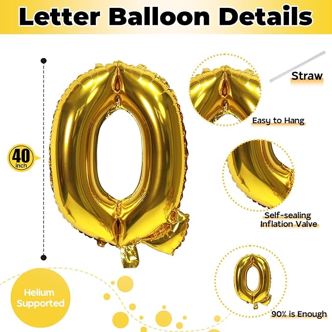 40 Inch Gold Alphabet Balloons, Large Mylar Self-Inflating Custom Letter Q Decor - Image 2