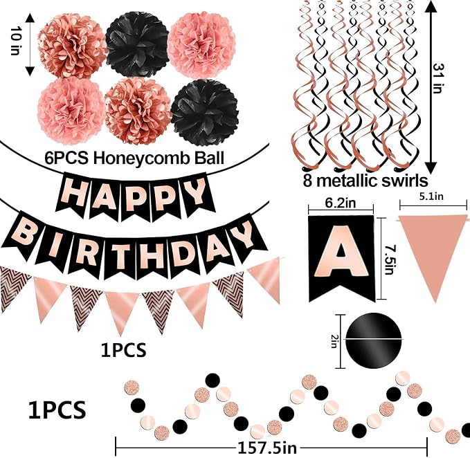 FECEDY Rose Gold Black Theme Happy Birthday Banner Flag Bunting Paper Circle - Image 2