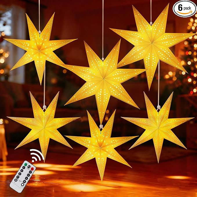 Large Paper Star Lanterns with Lights, 3D Hollow Out Christmas Paper Lanterns by OuMuaMua