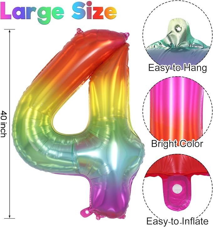 Rainbow Number 4 Balloon 40 Inch, Big Large Foil Number Balloons, Gradient - Image 3
