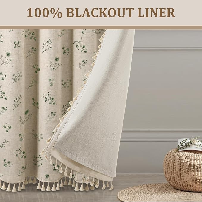 Boho Floral 100% Blackout Curtains 84 Inch 2 Panels Dark Green | Farmhouse - Image 6