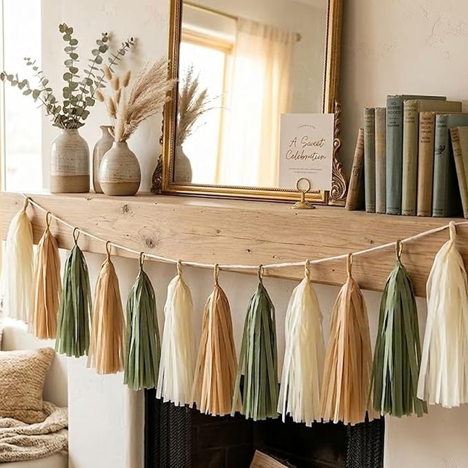 15-Pack Olive Green Brown Tan Cream Tassel Garland Paper Banner Fringe - Image 3