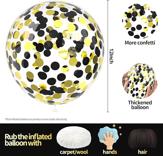 Black Gold Confetti Balloons 25 Pcs, 12 Inch Thickened Clear Latex Balloon - Image 2